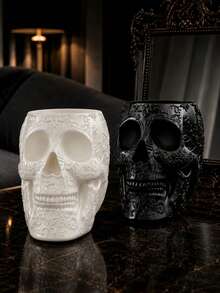 1pc Gothic Skull Planter With Embossed Floral Design, Decorative Succulent Flower Pot For Garden, Patio, Porch, Balcony & Home Decor, Halloween Decoration - A - View 11