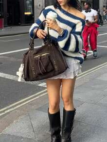 Happyevery Women's Autumn/Winter Colorblock Casual Retro French Striped Crew Neck Sweater Fall - Blue and White - View 8