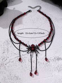 1 Pc Halloween Gothic Spider Statement Neck Choker, Multi‑Layer Tassel Teardrop Drop Beaded Neck Chain For Women Dark Party Costume Accessory - Bloody Spider Necklace - View 3