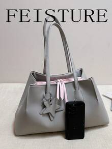 FEISTURE 1pc Large Capacity Colorblock Women's Handbag, Fashionable Commuter Shoulder Bag, Suitable For Girls, Women, College Students, New Professionals And White-Collar Workers, Perfect For Work, Business, Commuting, School - Grey - View 5