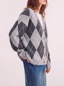 Women's Autumn/Winter Casual Classic Argyle Pattern V-Neck Cardigan Jacket - Grey - View 3