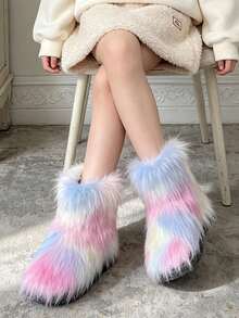 1 Pair Kids Gradient Striped Long Fur Plush Ankle Boots, Loose Cuff Style, Playful Outfit, Suitable For Holiday Atmosphere, Perfect For Winter Outings - Pink - View 2