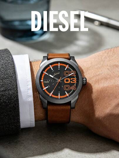 Diesel Matte Gunmetal Case Male Wristwatch DZ1680 Bold Orange Numerals Vintage Leather Strap Street Business Hybrid Watch