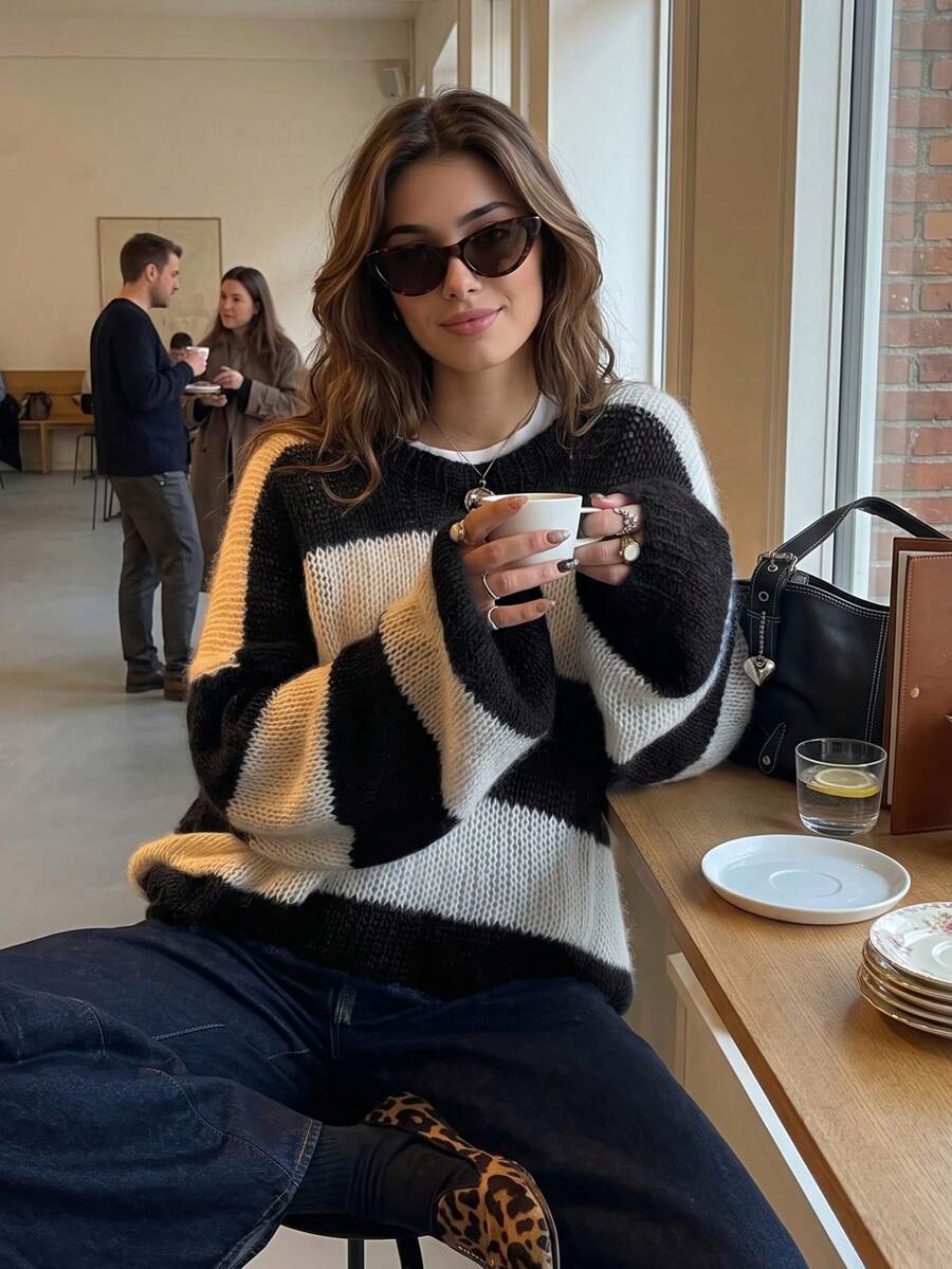 Áo len dệt kim Senya Vintage nữ dáng rộng cổ tròn phối màu kẻ sọc tay dài, áo mặc hàng ngày phong cách casual đa năng đi làm, cho mùa thu và mùa đông - Đen và trắng - Xem 1