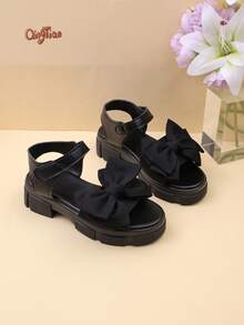 1 Pair Black Girls' Spring/Summer Thick Sole Casual Sandals + Large Bow Decor Hook & Loop Design Versatile Open Toe Sandals For Outdoor / Vacation 2026 New Style - Black - View 9