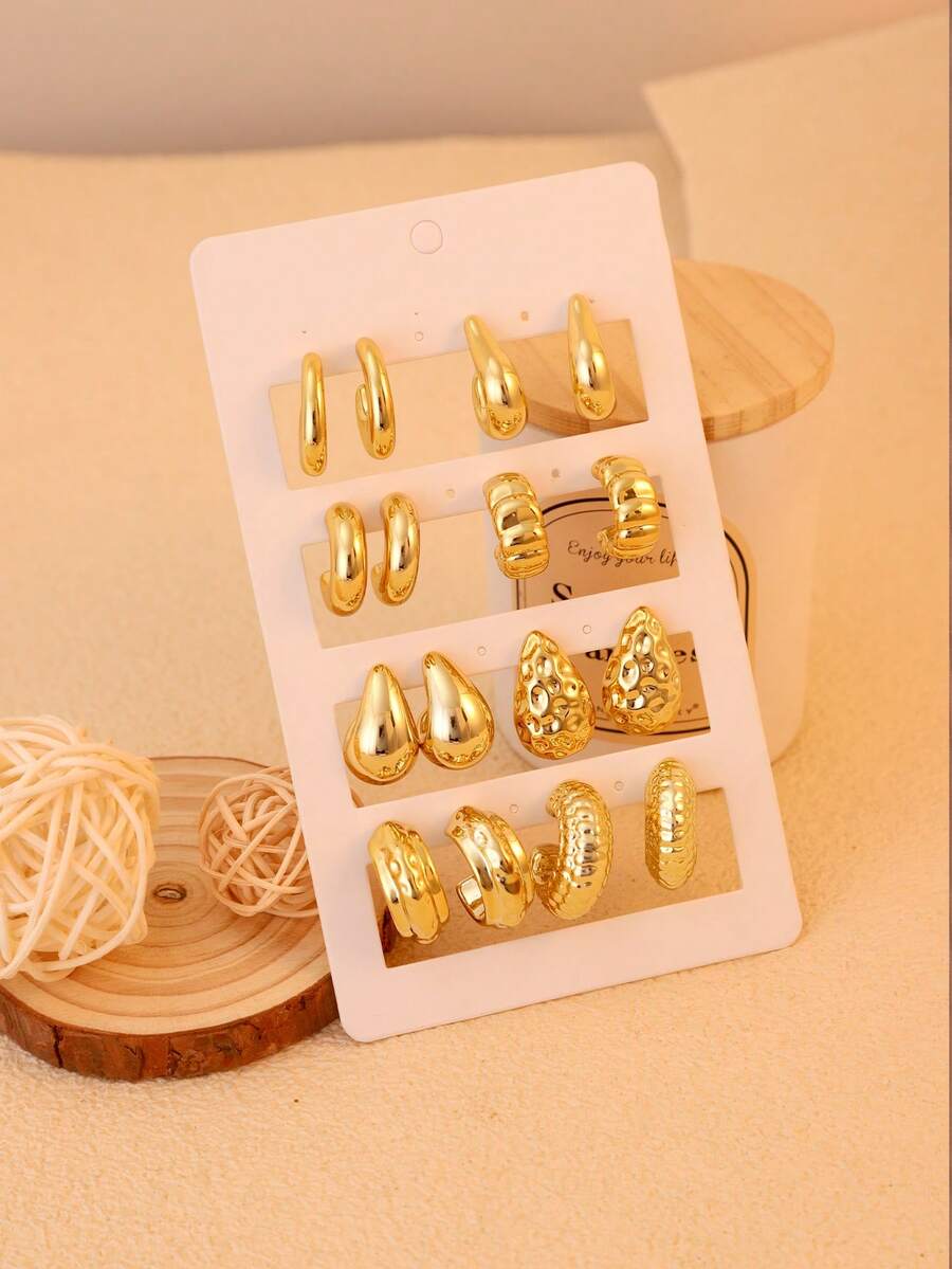 2-16pcs Fashionable Personalized Multi-Element C-Shaped Earring Set, Suitable For Daily Wear, Gatherings And Casual Occasions - Gold - View 1