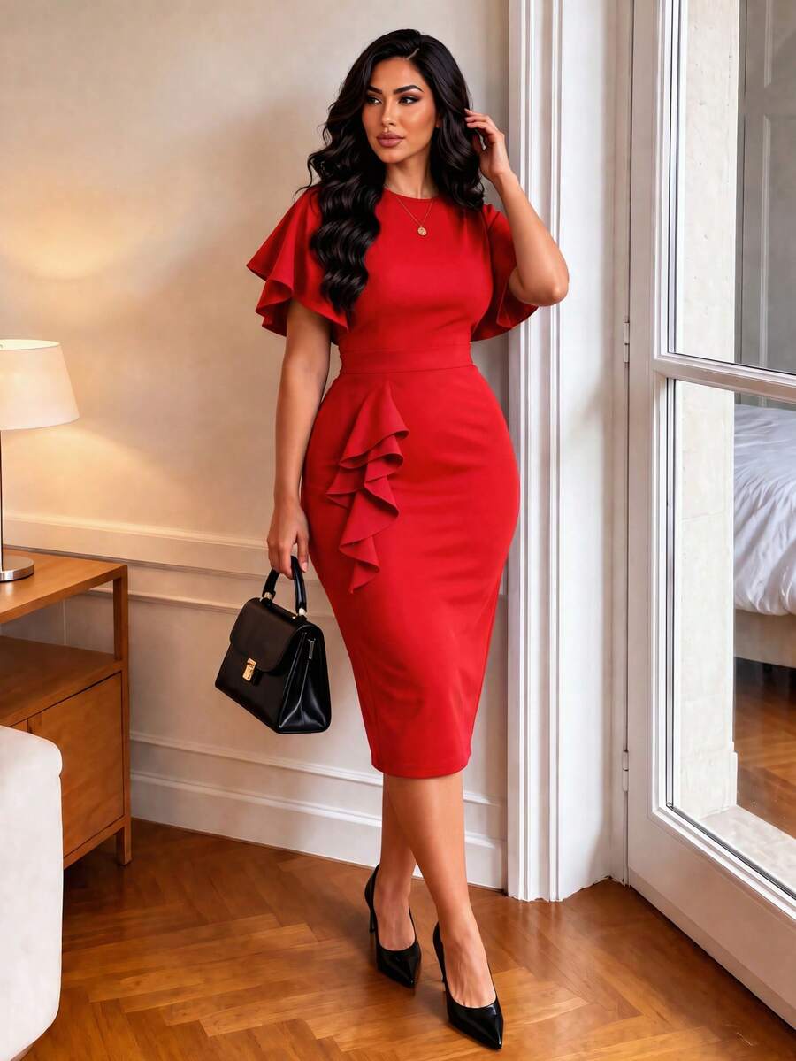 Spring Summer Autumn Women's Best-Selling Elegant Vintage Solid Color Round Neck Tie-Waist Bodycon Dress - Red - View 1