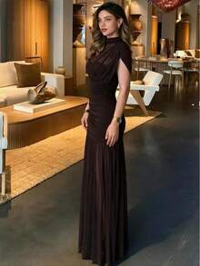 Solid Color Elegant Sexy Party Mesh Ruffle Splice Pleated Hem Dress, Suitable For Beach, Evening Date, Wedding, Birthday Party, Spring/Summer Brown, Boho - Brown - View 7