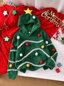 Vihyde Tween Girls Christmas New Arrival Costume, Christmas Tree Shape Hooded Fleece Sweatshirt With 3D Star & Pom Pom & Silver Tinsel Decorations - Green - View 3