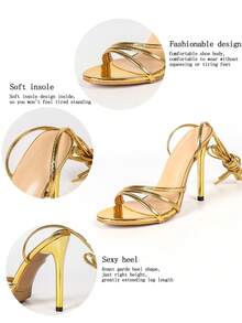 Metallic Gold Round Toe Wrap Around Ankle Straps Stiletto Heel Sandals Women Summer Wedding Club Evening Party Dress Heels - Gold - View 6