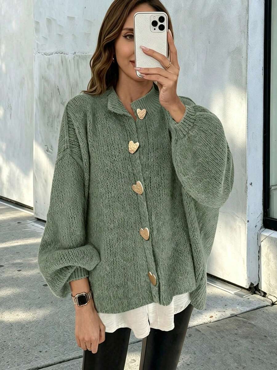 Cardigan Polos Kasual Ukuran Besar untuk Musim Gugur/Dingin, Modis, Minimalis, Kasual untuk Perjalanan Kerja, Elegan - Hijau - View 1