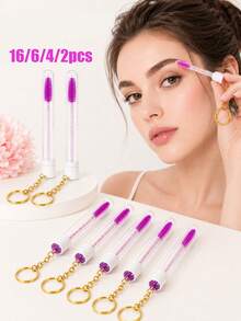 16pcs/6pcs/4pcs/2pcs Portable Tube Lash Brush With Keychain, Rhinestone Handle Spiral Brow Brush, Eyelash Extension Grooming Tool, Mascara Wand With Dust-Proof Protective Tube Design, Portable Makeup Tool Suitable For Eyelash Extension Maintenance, Mascara, Eyebrow Pencil, Hairline Gel, Beginner Practice, Makeup Artist Application Or Personal Daily Use - Multicolor - View 1