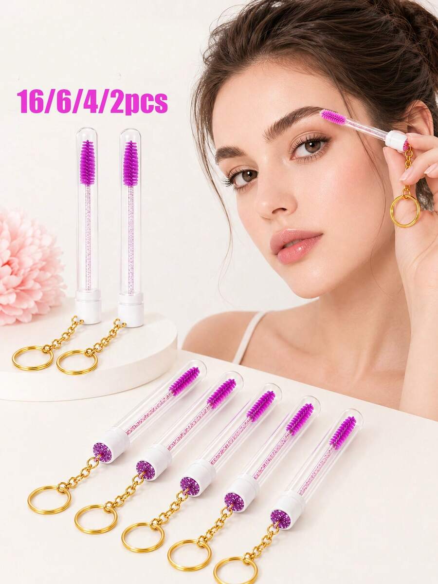 16pcs/6pcs/4pcs/2pcs Portable Tube Lash Brush With Keychain, Rhinestone Handle Spiral Brow Brush, Eyelash Extension Grooming Tool, Mascara Wand With Dust-Proof Protective Tube Design, Portable Makeup Tool Suitable For Eyelash Extension Maintenance, Mascara, Eyebrow Pencil, Hairline Gel, Beginner Practice, Makeup Artist Application Or Personal Daily Use - Multicolor - View 1