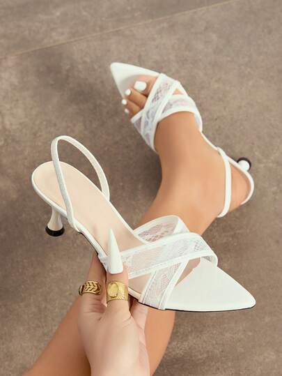 Women's Elegant White Lace Mesh Cross Strap Pointed Toe Kitten Heel One-Strap Sandals, Suitable For Wedding, Party, Evening Event