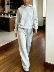 Solid Color Long Sleeve Hoodie & Pocket Drawstring Sweatpants 2 Pieces Set - White - View 5