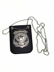 Police Costume Accessory Set For Women, Black Police Hat, Flat Top Octagonal Cap, Tie, Police Badge, Walkie Talkie, Halloween Prop - Black and Gold - View 4