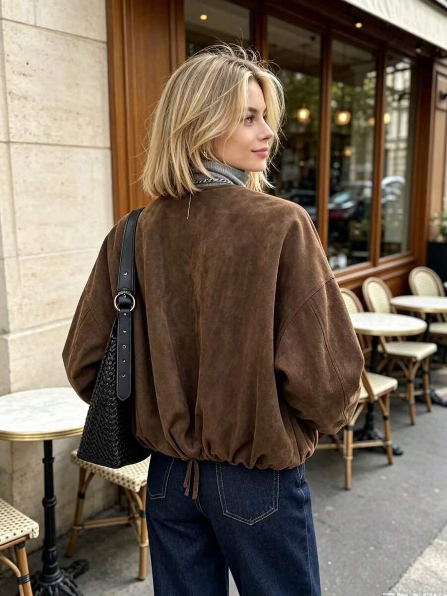 Women's Solid Color Drawstring Jacket Coat, Autumn/Winter - Coffee Brown - View 1