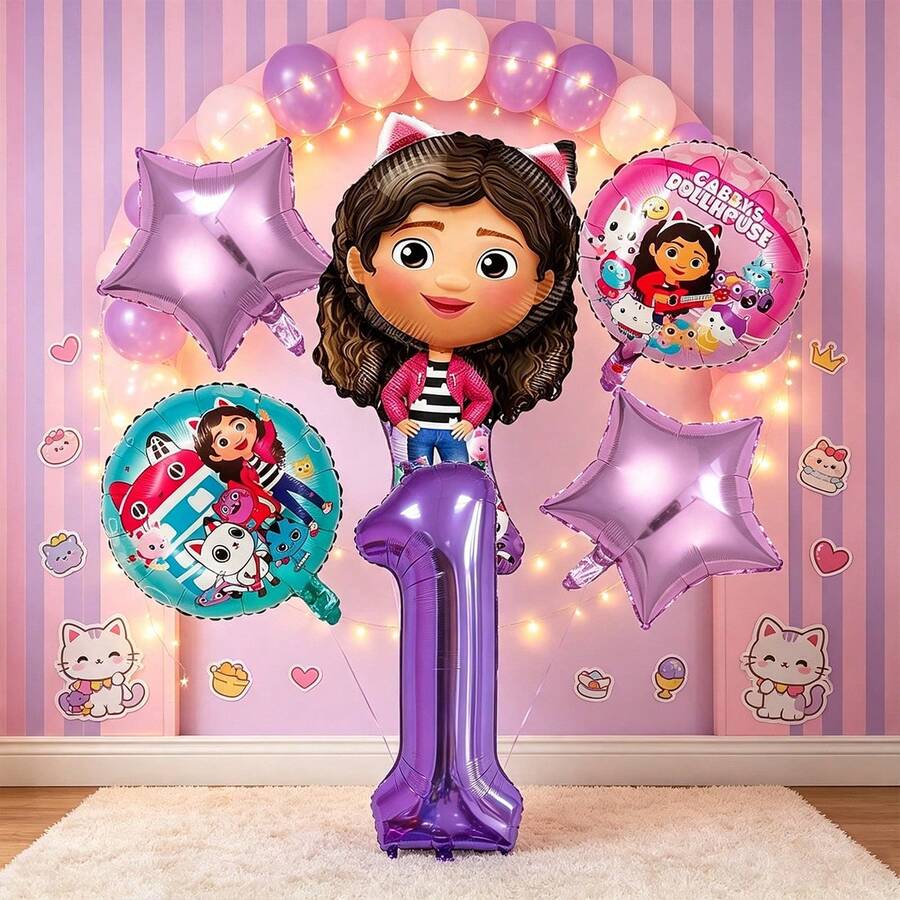 Universal مجموعة بالونات عيد ميلاد GabbyDollhouse، بالونات رقائق معدنية لشخصية Gabby مع بالون رقائق معدنية رقمي بنفسجي 1-9 لديكور حفلات الفتيات والأطفال - غطاء أرجواني - مشاهدة 1
