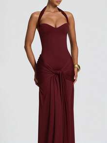 Halter Heart Neckline Ruched Tie Front Slim Fit Bodycon Maxi Dress, Elegant Slim Fit Long Dress, Suitable For Wedding Guest, Cocktail Party, Formal Dinner, Date Night, Autumn - Burgundy - View 9