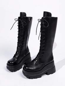Women's Black Punk Rock Style High-Top Boots, Thick Platform Sole, Wear-Resistant Bottom, Metal Chain Lace-Up With Side Zipper, Autumn/Winter - Black - View 3