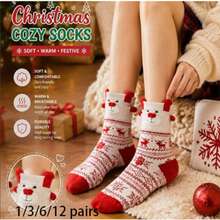 1/3/6/12 Pairs Of Women's Red Mid-Calf Socks Featuring Santa Claus, Snowman, And Reindeer Designs-Perfect For Christmas Outfits. - Multicolor - View 1