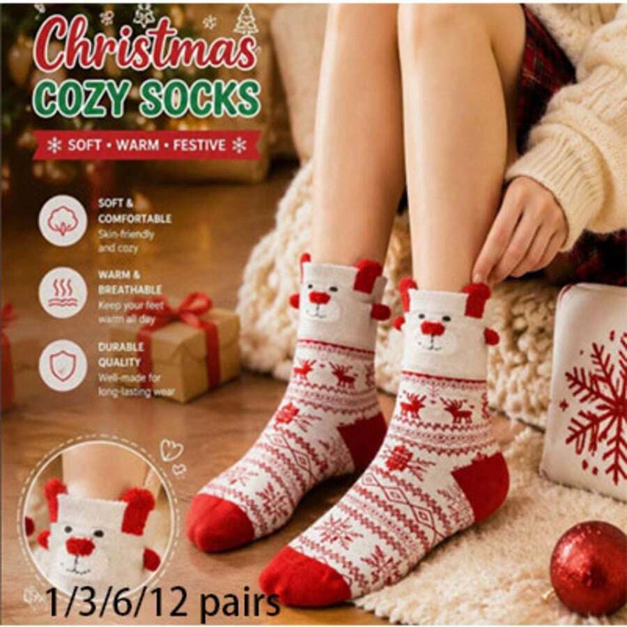 1/3/6/12 Pairs Of Women's Red Mid-Calf Socks Featuring Santa Claus, Snowman, And Reindeer Designs-Perfect For Christmas Outfits. - Multicolor - View 1