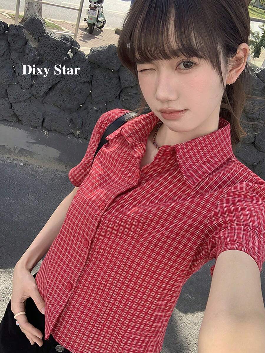 红色格子方领短袖修身休闲衬衫，新款女式短款衬衫上衣夏季