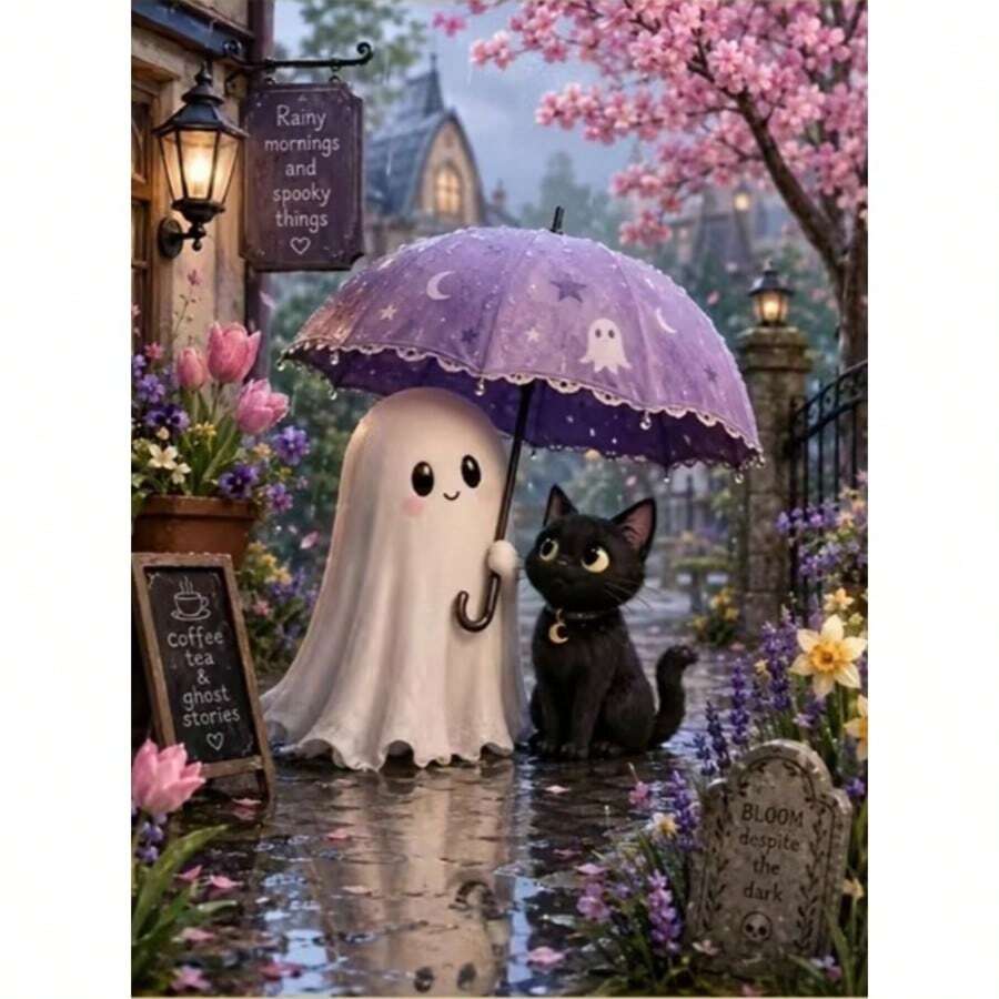 1 Buah Kit Lukisan Berlian 5D DIY Pola Hantu dan Kucing - Seni Mosaik Berlian Bulat Penuh, Dekorasi Dinding Rumah, Tanpa Bingkai - Tanpa Bingkai - View 1