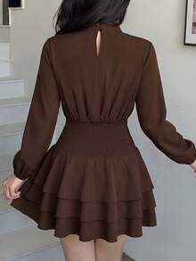 abyoxi Women's Brown Stand Collar Ruched Long Sleeve Fitted Mini Dress, Back Elastic Waist A-Line With Multi-Layer Ruffle Design, Elegant, Vintage, Romantic, Suitable For Date, Party, Going Out And Daily Commute, Autumn/Winter Short Dress - Brown - View 2