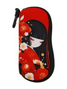1pc Zipper Eyeglass Case, Cute Girl Red Kimono Design, Neoprene Waterproof Eyeglass Pouch, Universal Size With Keychain, Lightweight Portable Travel Eyeglass Bag, Multi-Functional Storage Bag, Back To School Gift, Holiday Hanging Ornament Essential - Multicolor - View 11