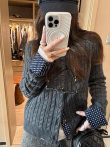 女款波點拼色休閒日常開襟衫 - 深灰色 - 查看 4