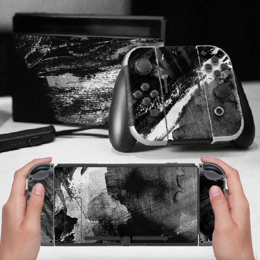 Black & White Abstract Oil Painting Texture Pattern Sticker Set Compatible With Switch Console, Controller And Dock, Vinyl Protective Skin, Waterproof, Scratch-Resistant, Removable, No Residue - View 1
