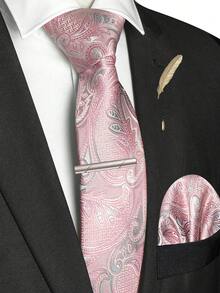 4‑Pcs Men Paisley Pattern Neck Tie Set, Jacquard Woven Necktie, Pocket Square, Tie Clip, Feather Lapel Pin For Wedding Business Formal Occasion - Multicolor - View 6