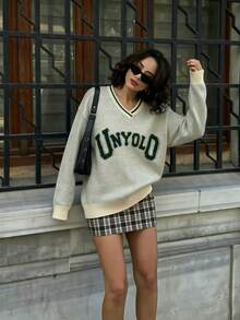 Women's Spring/Autumn Beige Striped V-Neck Letter Print Sweatshirt, Loose Drop Shoulder American College Style Lazy Long Sleeve Pullover Top - Apricot - View 2