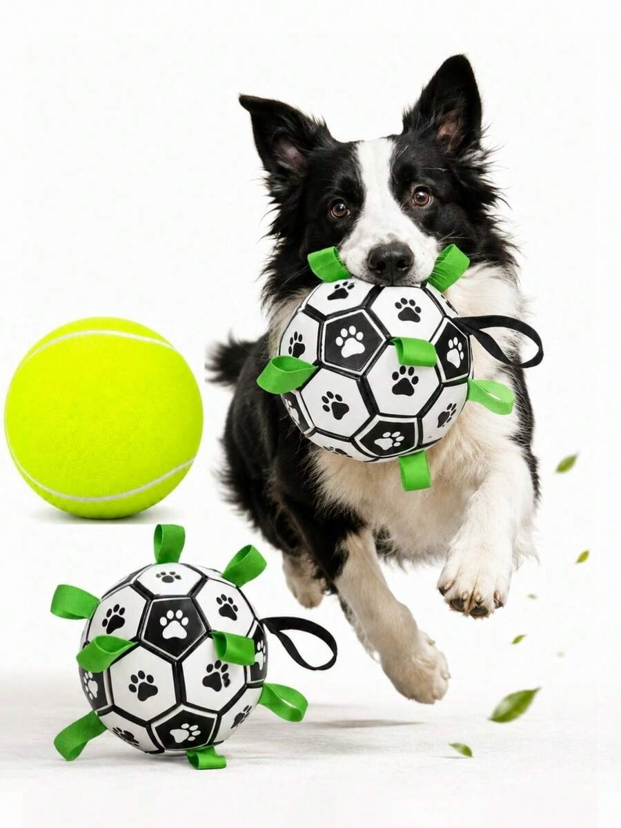 Pet Chew-Resistant Interactive Football Toy Set, High Elasticity Teething & Boredom Relief Dog Toy Ball With Webbing Pull Handle, Outdoor Tug-Of-War Training Ball, Includes Air Pump, Durable & For Teeth, Suitable For All Dogs