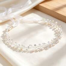 Bridal Wedding Handmade Pearl & Crystal Soft Chain Headband With White Tulle Ribbon Hair Accessory - White - View 6