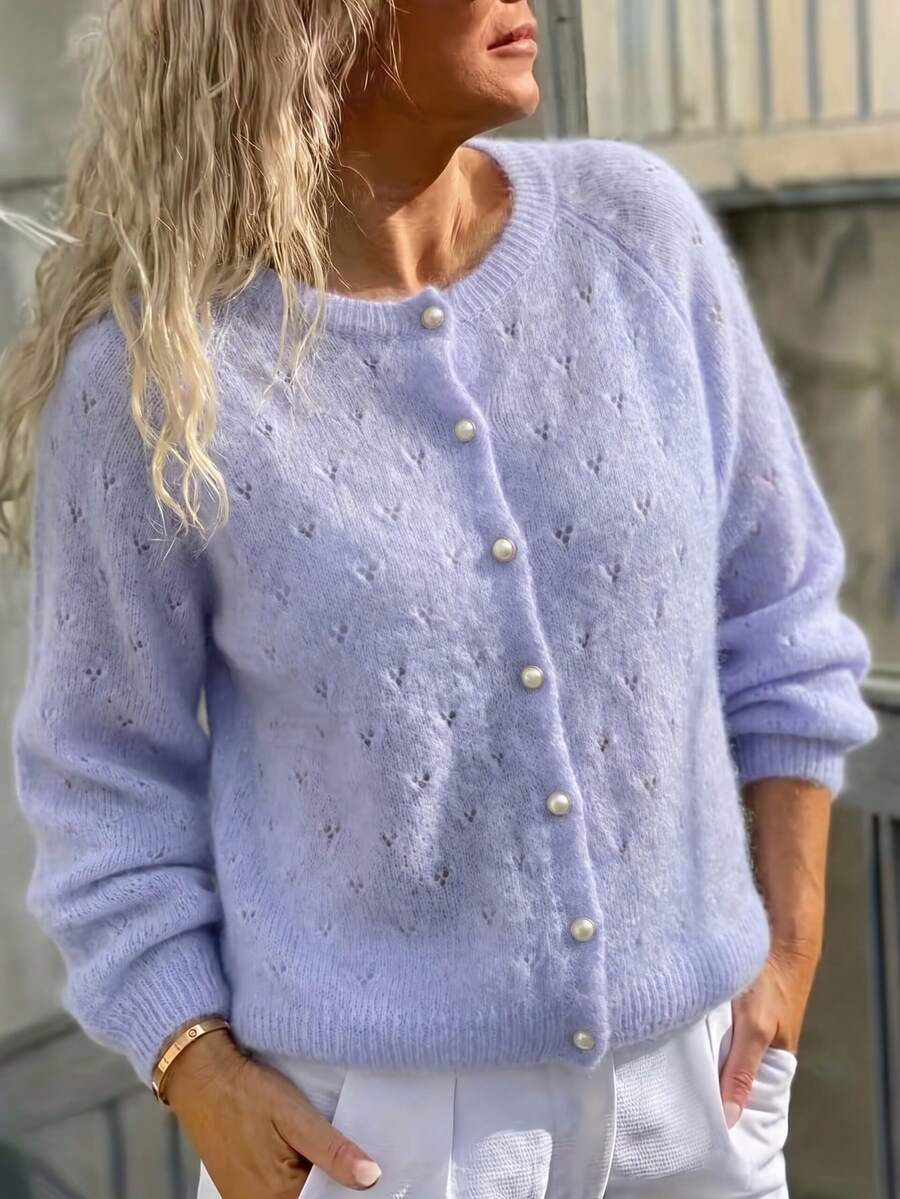 Women's Light Purple Mohair Blend Cardigan, Hollow Heart Pattern Loose Drop Shoulder Long Sleeve Pearl Buttons, French Gentle Style Suitable For Autumn/Winter Daily Versatile Layering