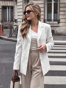 Women's Elegant White Button Front Blazer, Long Sleeve Woven Fabric Regular Fit Blazer, Single-Breasted Waist-Flattering Slimming Commuter Blazer Fall - White - View 3