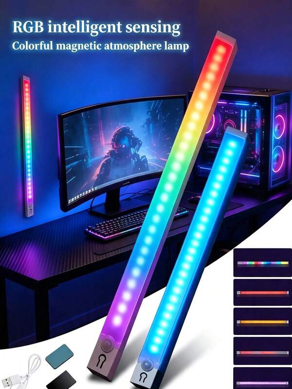 3pcs Human Body Sensing RGB LED Atmosphere Light Bar, Magnetic Rechargeable Color Gradient Light, Multi‑Mode Gaming Desk Closet Cabinet Bedroom Decor Night Light