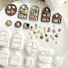 10Pcs Mini Window Bookshelf Scene Polymer Clay Cutters Set Book Plant Star Moon Clay Molds DIY Handmade Earring Pendant Jewelry Craft Supplies - 10 Pieces - View 2