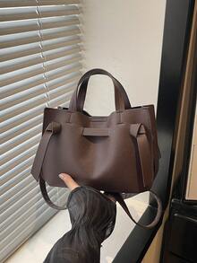 Solid Color Minimalist Lychee Textured Handbag, Crossbody Bag With Strap, Buckle Bucket Bag - Coffee - View 11