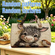 1pc Beige Quilted Cylindrical Handbag With Small Donkey Sparrow Pattern, Rural Farm Gift, Thanksgiving Rural Farm Decoration Series, Thanksgiving Gift - Multicolor - View 3