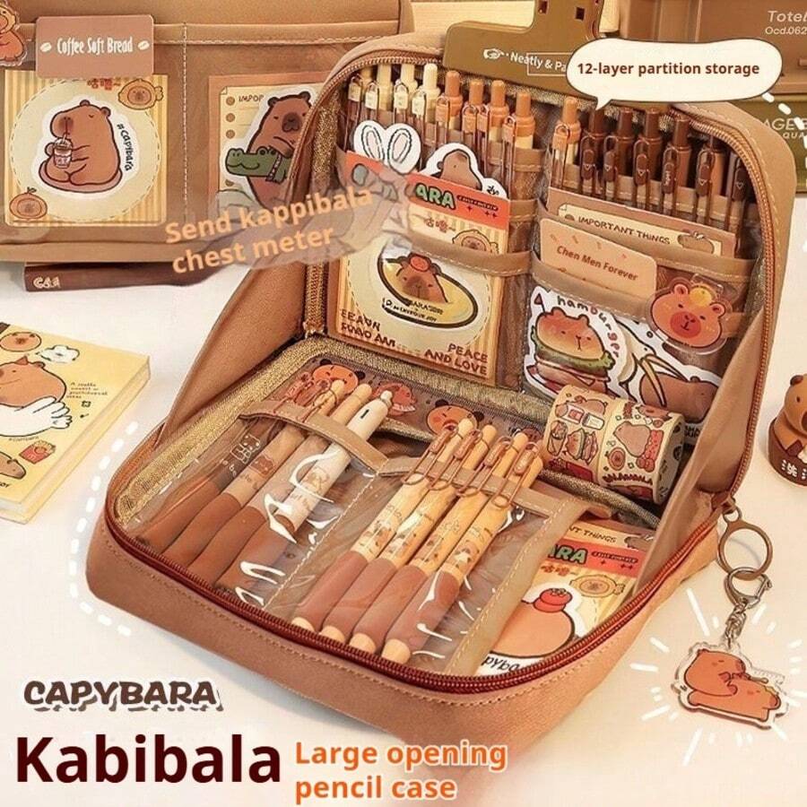 33pcs/226pcs/127pcs/47pcs Capybara Stationery Set, Cute Capybara Multi-Layer Pencil Case Kit, Large Capacity Pencil Box With Stickers, Keychain & Brooch, Cartoon Stationery Supplies, Practical Collection For Daily Use, Holiday Gift Kit