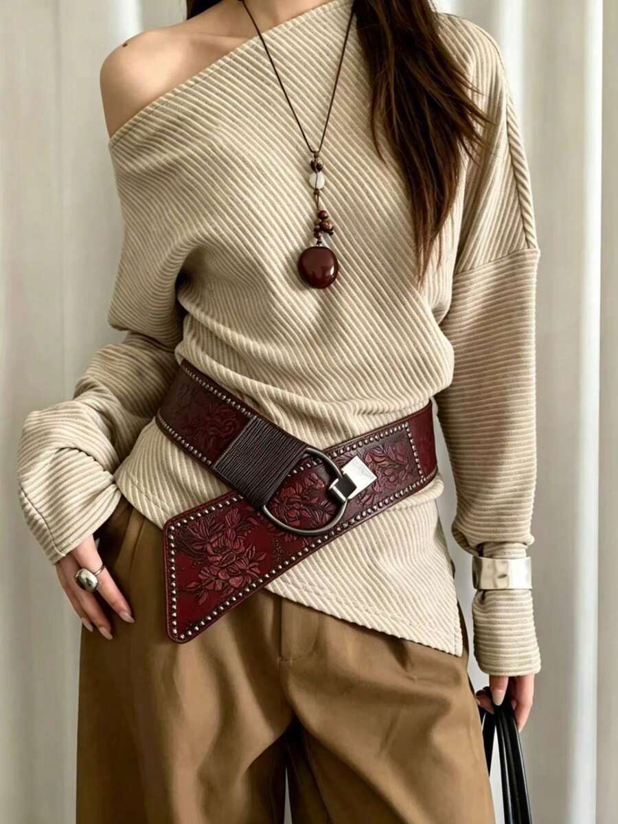 1pc Women's Rivet Elastic Waist Belt, Red Semi-Circular Single Buckle Casual Minimalist Set Decorative Leather Belt, Suitable For Daily Wear, Suitable For Summer, School, Autumn And Halloween. - Multicolor - View 1