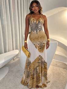 Leopard Print Elegant Dress Woman Summe Lace-Up Halter Backless Sleeveless Shape Waist Ruffles Hem Elegant Midnight - Khaki - View 6