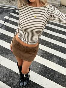 Kaos Lengan Panjang Bergaris Wanita, Atasan Crop Top Rajut Ribbed Leher Perahu, Atasan Kasual untuk Kencan dan Aktivitas Sehari-hari - Cokelat aprikot - View 5