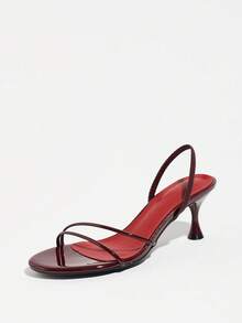 Women Autumn Bordeaux Mirror Round Toe Kitten Heel Sandals, Thin‑Strap Stretchy Slingback Red‑Insole Heels For Wedding Prom Evening Parties - Burgundy - View 4
