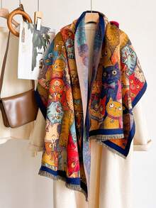 1pc Autumn/Winter New Youthful Cartoon Cat Pattern Faux Cashmere Jacquard Scarf For Women, Cute Soft Tassel Shawl, Warm Windproof Neck Warmer, Soft Skin-Friendly, Suitable For Holiday Gift Matching - Royal Blue - View 6