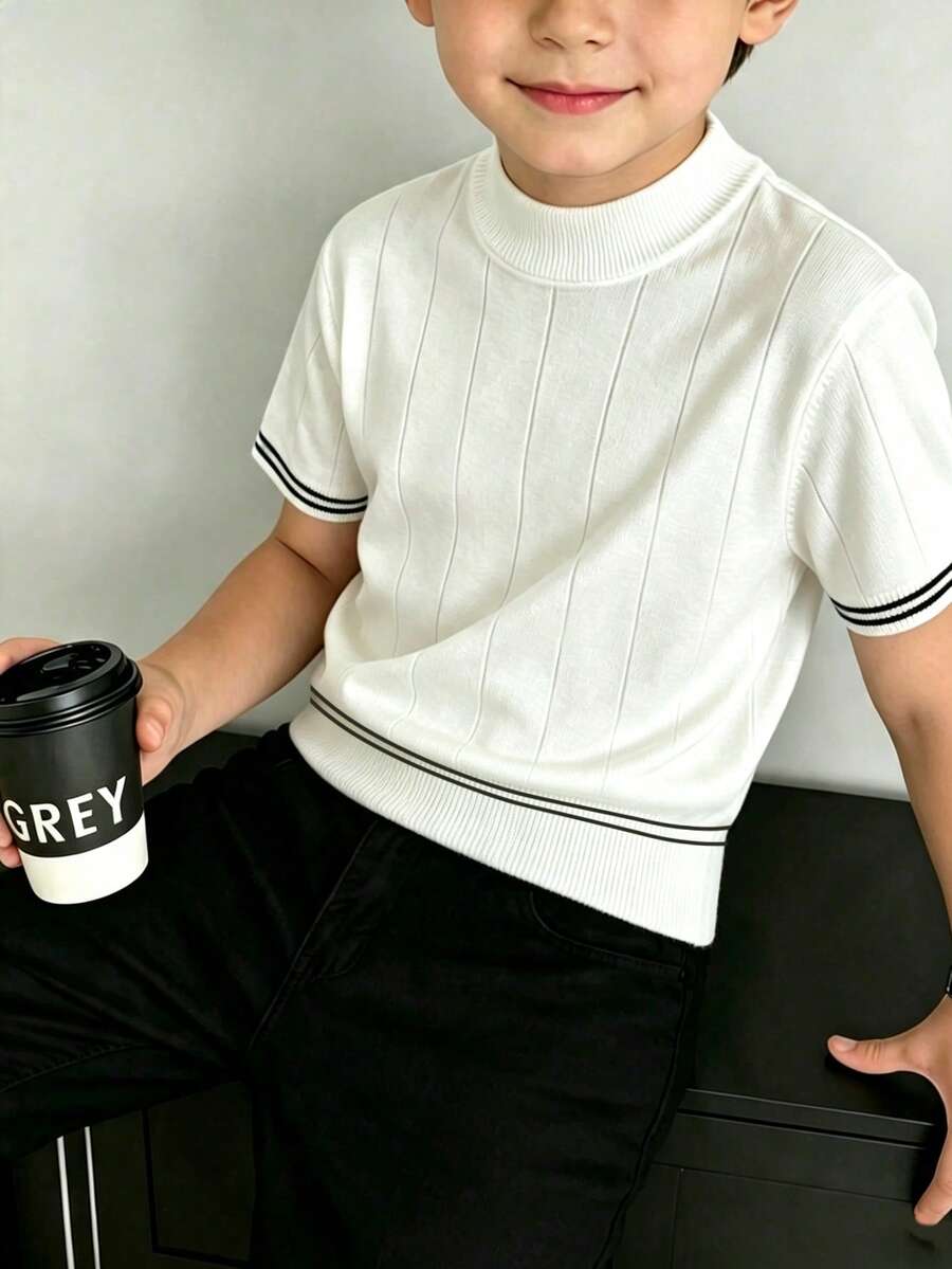 Boys' Half-High Neck Textured Ribbed Knit Black Striped Cuff Casual Knit T-Shirt - White - View 1