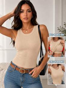 ChicMe Built-In Bra Sleeveless Ribbed Knit Tank Top Slim Fit Round Neck Basic Top - Apricot - View 2